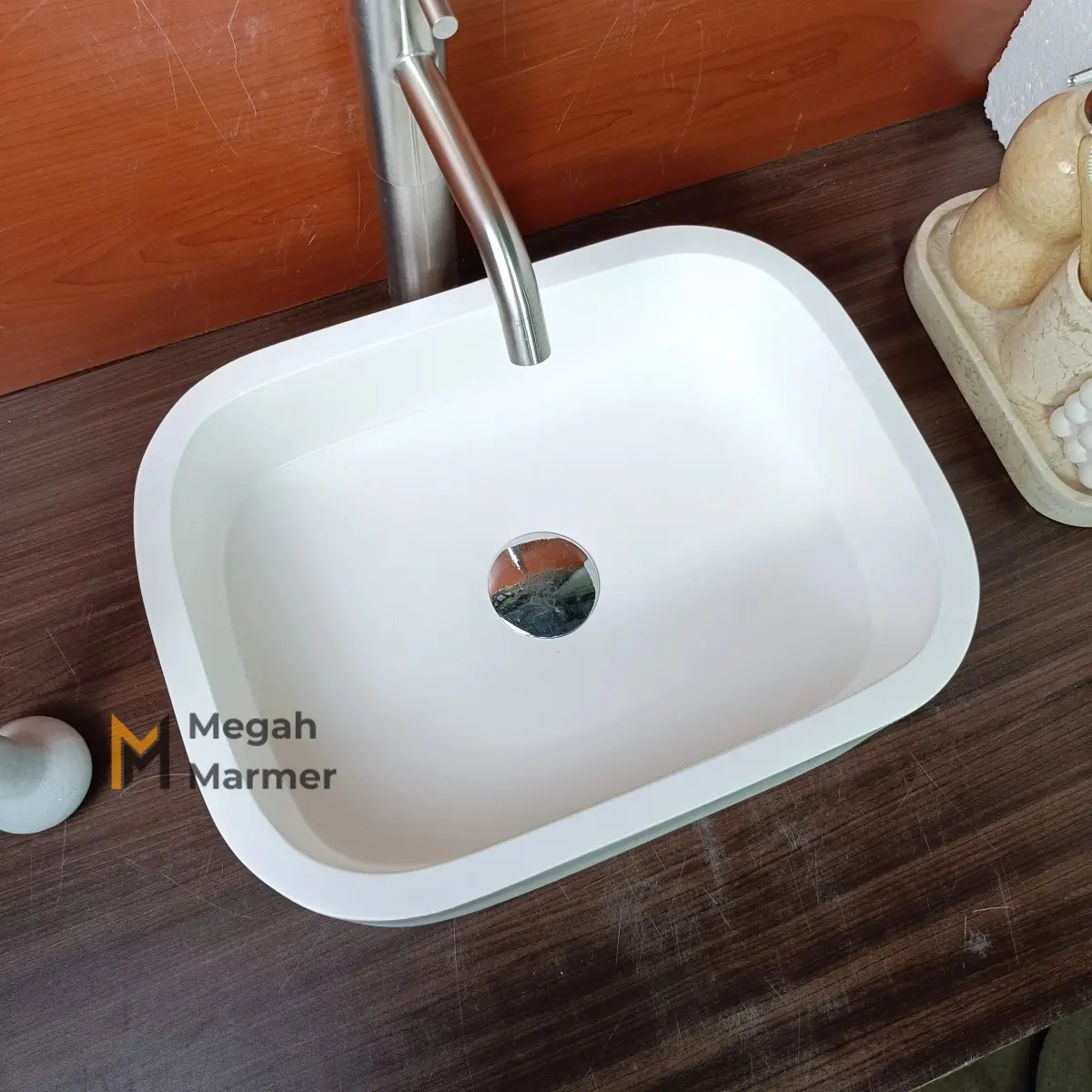 Megah Marmer | Wastafel Terazzo Polos Oval Ukuran 40cm Estetik Minimalis Glossy Free Packing Kayu