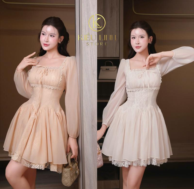 Kiều Linh Store - Váy Dự Tiệc Thiết Kế Dài Tay KL580 Chất Liệu Tơ Óng Vân Cổ Vuông Phối Viền Ren 2 Lớp Lót Giấu Đường May Kĩ
