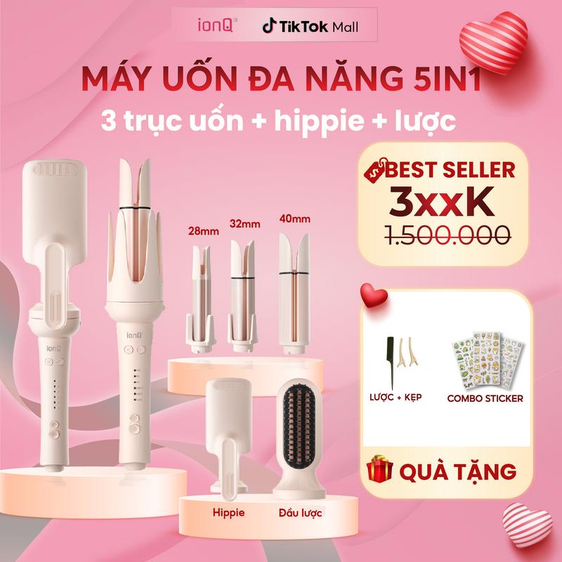 [QUÀ W1] Máy uốn tóc làm xoăn tự động ionQ Wavy Pro 5in1 gồm 3 đầu uốn 40mm, 32mm, 28mm 1 đầu lược chải thẳng và 1 đàu uốn hippie chăm sóc bảo vệ tóc suôn  mượt