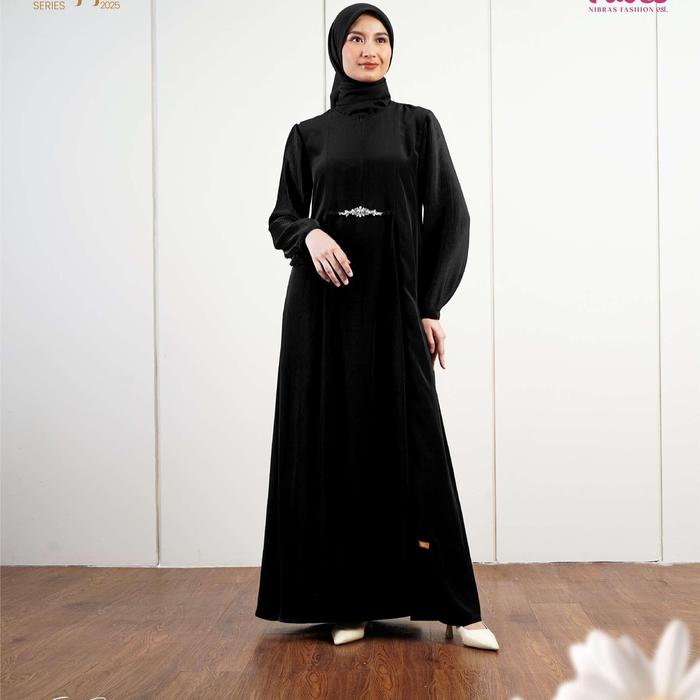 midi dress nibras gamis black dobby Women Solid Black Dobby Weave V-Neck Puff Sleeves Tie-Up Waist Tulip Hem  Wrap Ruffled Midi Dress