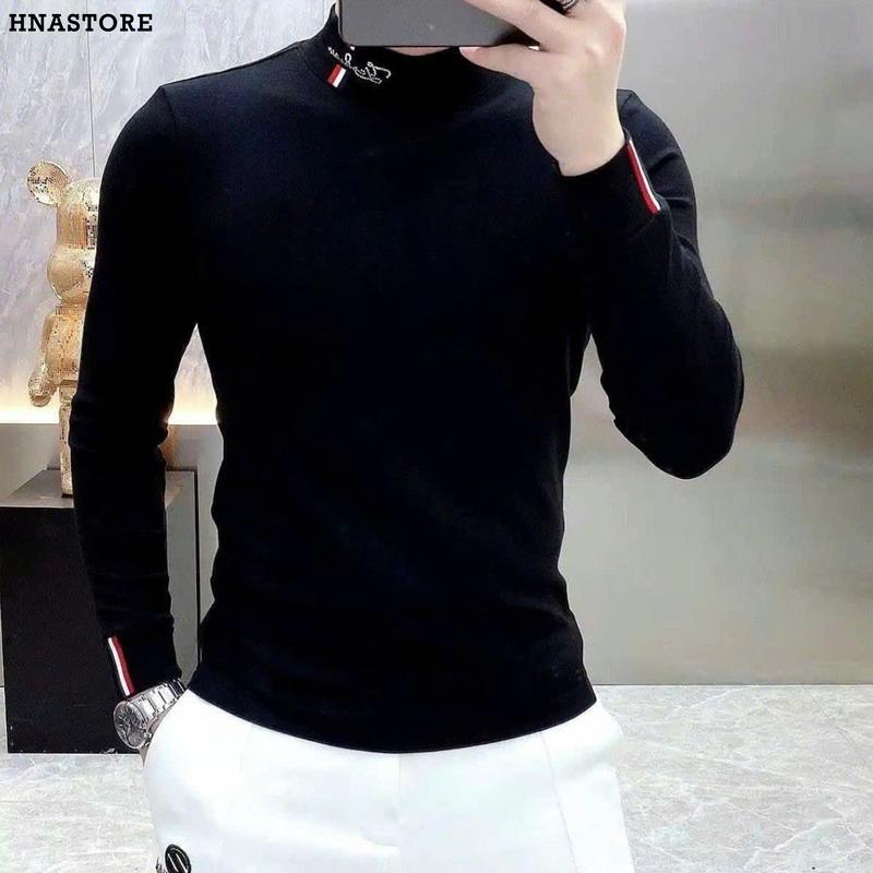   ĐỘC QUYỀN ĐẠT TÍCH CỰC  Áo thun dài tay GÂN TĂM MỚI 2025 thu động ĐEN - TRẮNG hoạ tiết THÊU CỔ SẮC NÉT cổ cao 3 phân đơn giản sang trọng lịch lãm HNASTORE 