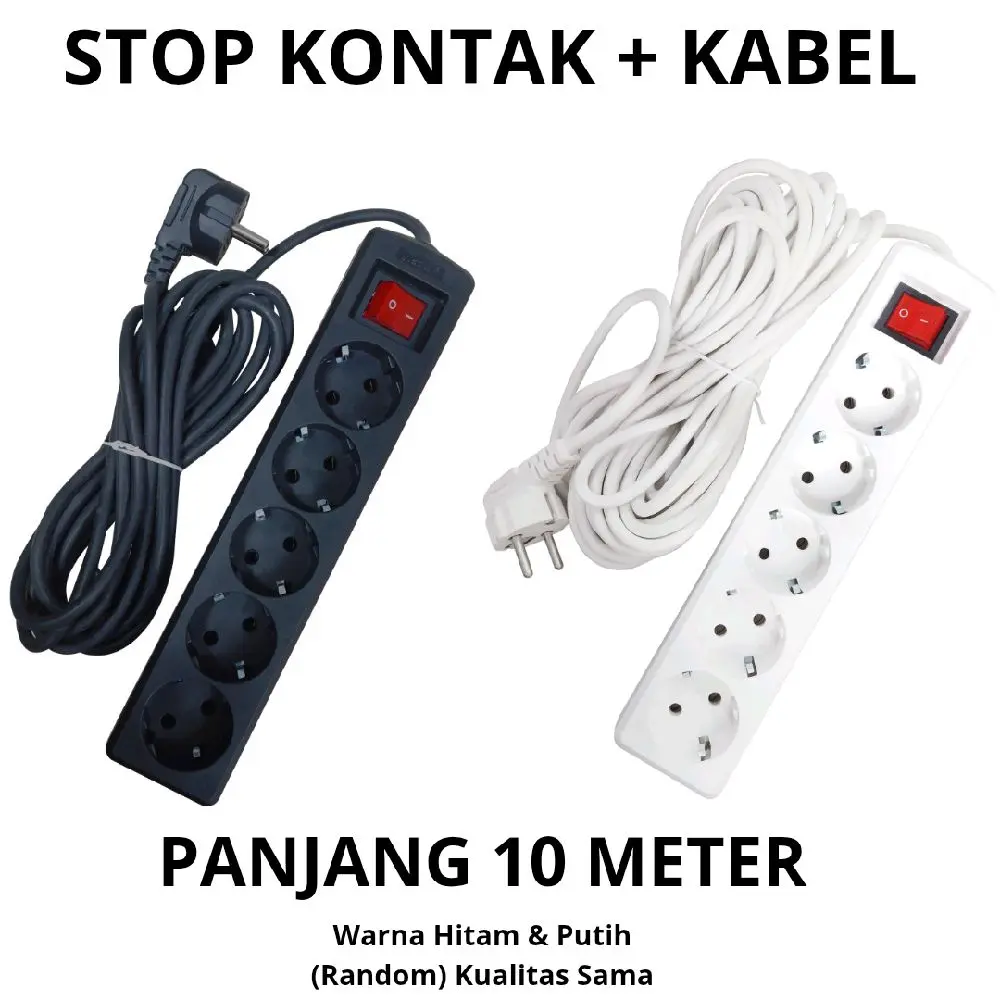 Stop Kontak Arde +Sakkar Kabel Panjang 10 METER FULL / Stop Kontak Arde + Saklar Warna Hitam/Putih