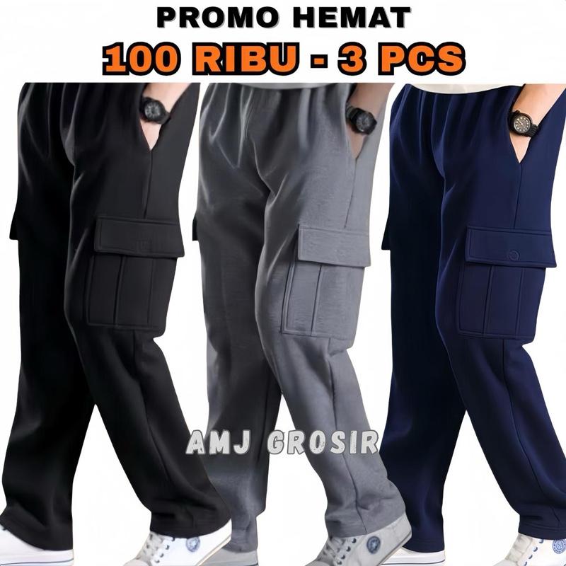 Paket Murah Hemat Celana Training Cargo 100 dapat 3pcs Bahan Adem Nyaman Dipakai Sport Pria Wanita Karet Hitam Santai Casual Dewasa