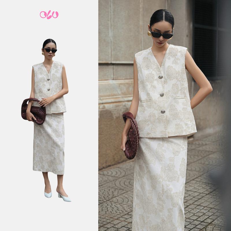  Set áo và chân váy cổ V không tay phối nút tinh tế trẻ trung Seville phù hợp đi làm cà phê OLV 