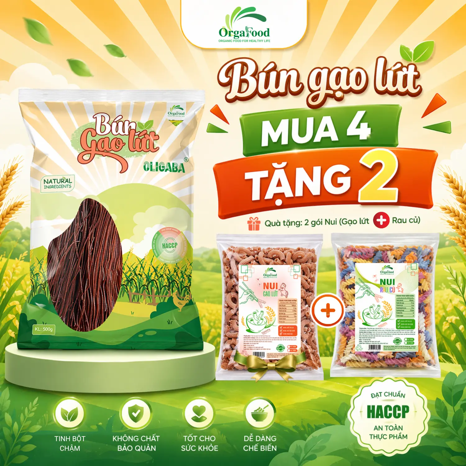 [COMBO SIÊU HỜI] Bún gạo lứt Orgafood 500g [Mua 4 tặng 2 nui 250g], ăn thực dưỡng, ăn chay, healthy, eatclean