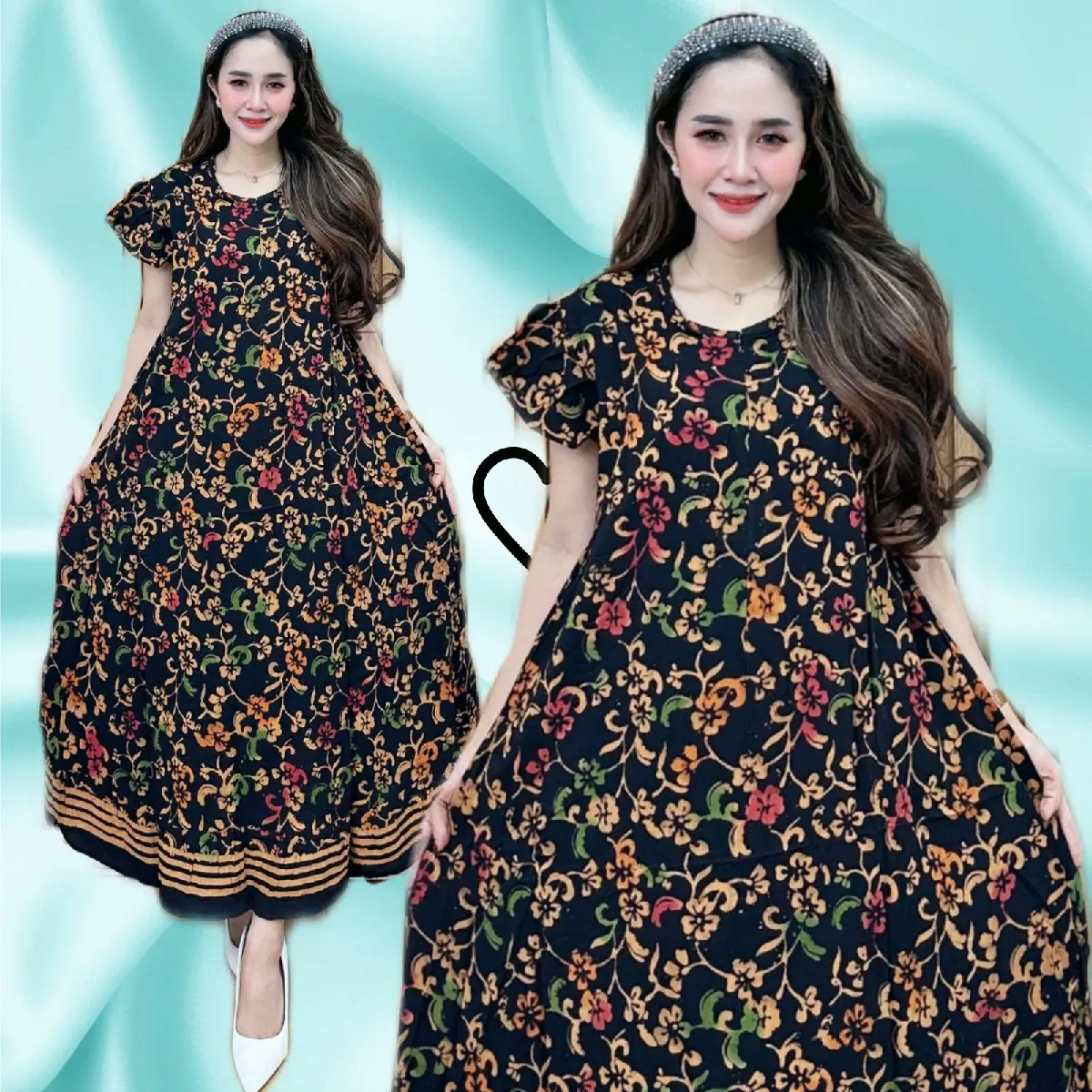 Daster Klok Batik Cap Multi Colour - Daster Jumbo Panjang Busui Bahan Rayon Premium By Batik Cincaro Midi Dress Wanita Muslimah gaun lebaran satin twill vanya hitam