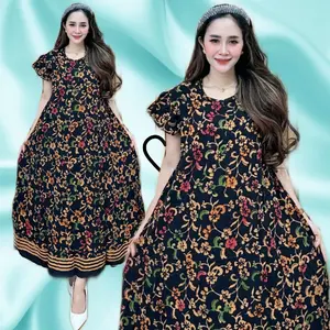 Daster Klok Batik Cap Multi Colour - Daster Jumbo Panjang Busui Bahan Rayon Premium By Batik Cincaro Midi Dress Wanita Muslimah gaun lebaran satin twill vanya hitam Motif Nyaman
