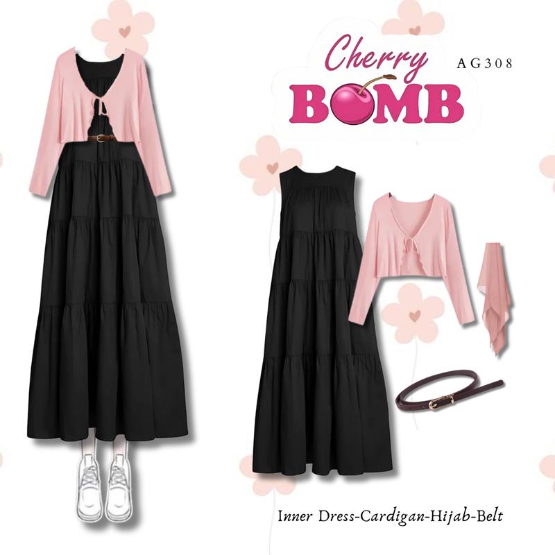 Product Introduction of 4in1 Outfit Korean Style Valentine Douyin Dress | Inner Dress + Cardigan + Hijab + Belt | SET AG308 1
