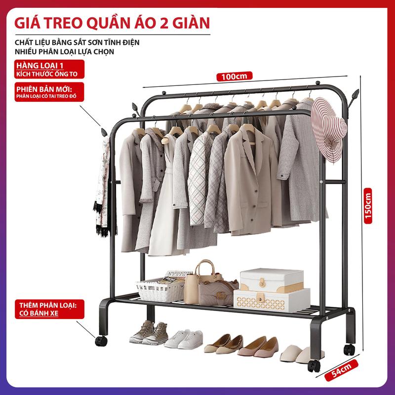 Giá Treo Quần Áo Bằng Sắt Sơn Tĩnh Điện 2 Giàn Treo 1 Tầng Đựng Đồ Kệ Treo Quần Áo Lắp Ráp Đơn Giản Tiện Lợi Hiện Đại