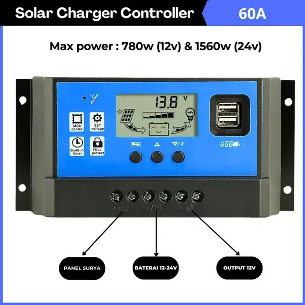 EB Pengatur Pengisian Panel Surya 60A Solar Charger Controller 12-24V LED Display PWM dengan Proteksi Lengkap & Output USB 5V untuk Sistem Tenaga Surya Rumahan Baterai