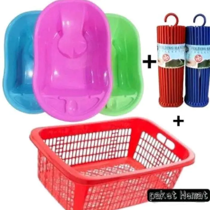 Paket Hemat Bak Mandi Bayi Polin + Keranjang Pakaian Folding Bulat/Hanger Puter 20 Stik dan 30 Stik - Bather GRATIS BUBLE WRAP 1