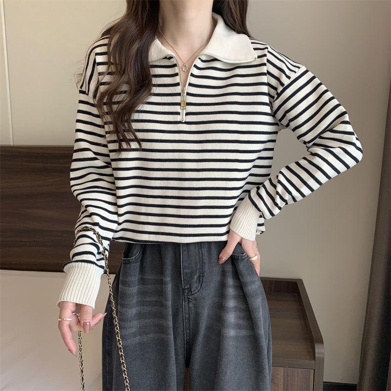 Áo sweater len dệt kim tay dài nữ kiểu kẻ ngang cổ polo cardigan khoác len form rộng hàng Quảng Châu