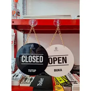 Open closed bahan acrylic 2 sisi Bonus rantai Gold + Kop Kaca anti air warna awet ukuran ideal 20 cm x 20 cm
