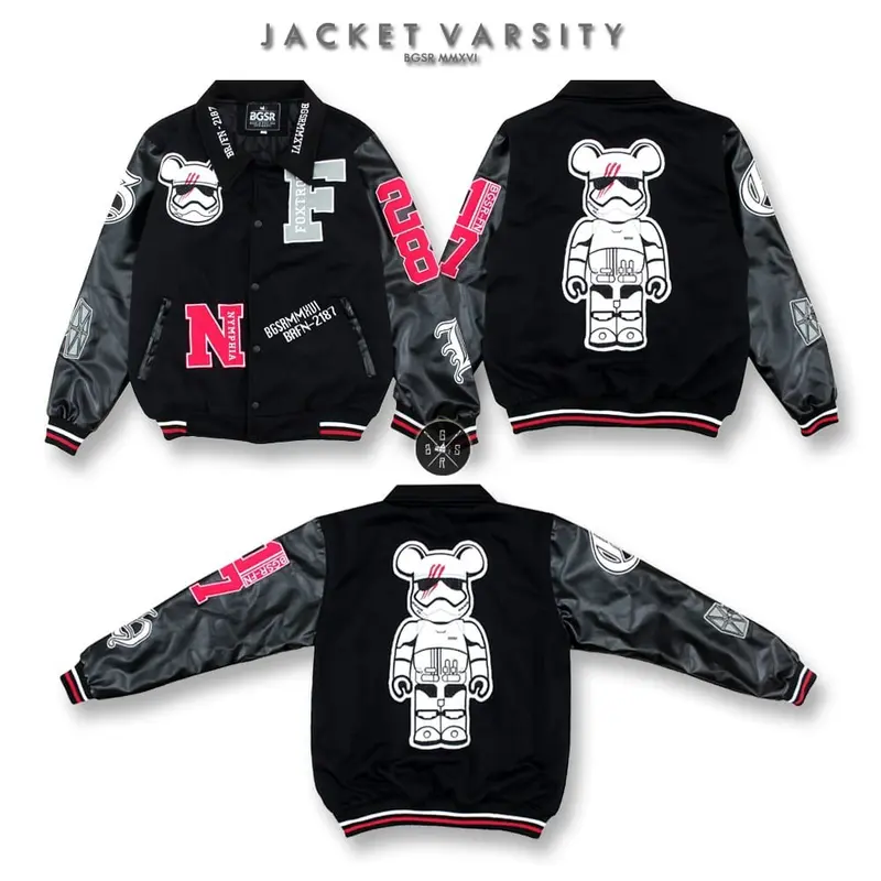 Jaket varsitY BASSEBALL Fleece Pria Casual Distro Bordir Nyaman Formal Keren Kerah Jeans  Hitam Tebal 6