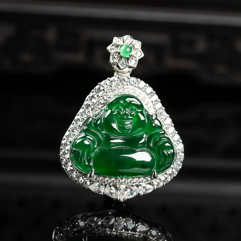 925 silver inlaid natural jade A-grade old pit full green Buddha pendant for ladies