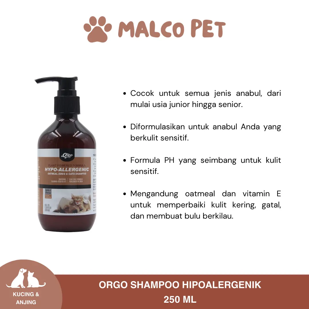 SHAMPOO HIPOALERGENIK OATMEAL KUCING & ANJING - ORGO HYPOALLERGENIC OATMEAL DOG & CAT SHAMPOO 250ML