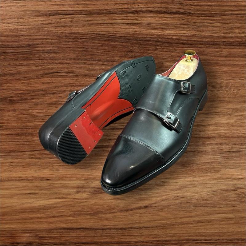 Double Monstrap 3cm Da Bò Đế Gỗ Đỏ Dán vimbram Cao Cấp Mũi tròn màu đen Giày tây nam