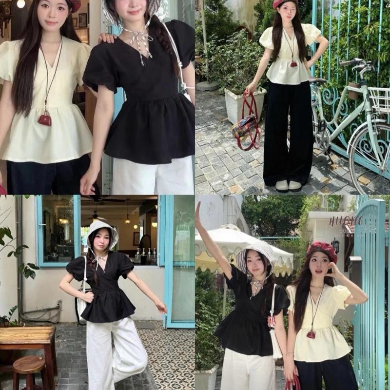 Bigsize 60-140kg áo kiểu babydoll tay bồng cổ tim xoè be- đen