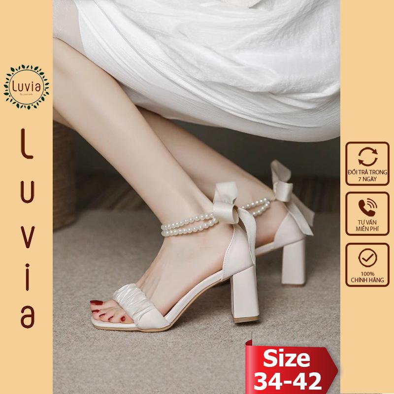 Giày cao gót 7 phân quai ngọc phối nơ lụa dễ thương Luvia 194CG