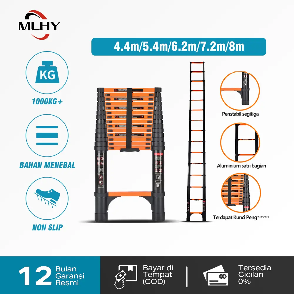 MLHY Tangga Lipat Aluminium Teleskopik 4.4M-8M Single Telescopic Ladder Kualitas Internasional EN 131 Safety Lock Praktis Multiguna
