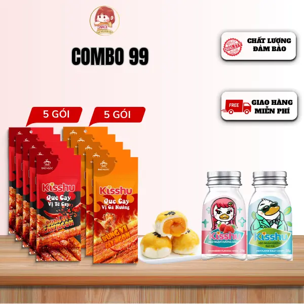 [Combo 99k] Combo 10 Gói Que cay, 2 Hũ Kẹo Ngậm Thơm Miệng Vị Trái Cây KISSHU Tặng 3 Bánh Kisshu Ngàn Lớp Nhân Trứng Chảy