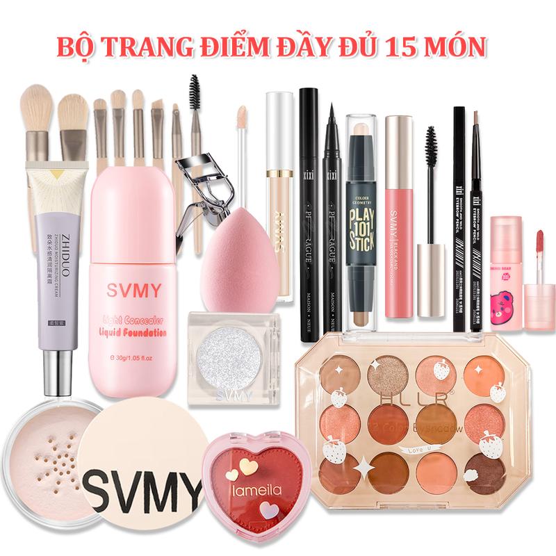 Bộ Trang Điểm, 15 Món, Chất Lượng Cao, Bao Gồm Son Môi, Kem BB, Bảng Phấn Mắt, Mascara, Kem Che Khuyết Điểm, Kem Lót Khuôn, Bút Chì Kẻ Lông Mày, Bút Kẻ Mắt, Phấn Đánh, Mỹ Phẩm Nữ