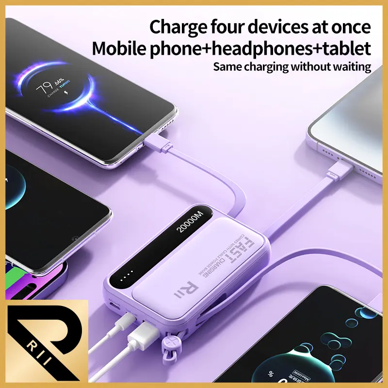 RII New R08 20000mah Portable Powerbank with 4 Cables Fast Charging with Built-in CABLE for USB,iPhone, Type and Micro Cable Accessories Smartphone Chargeable Charger