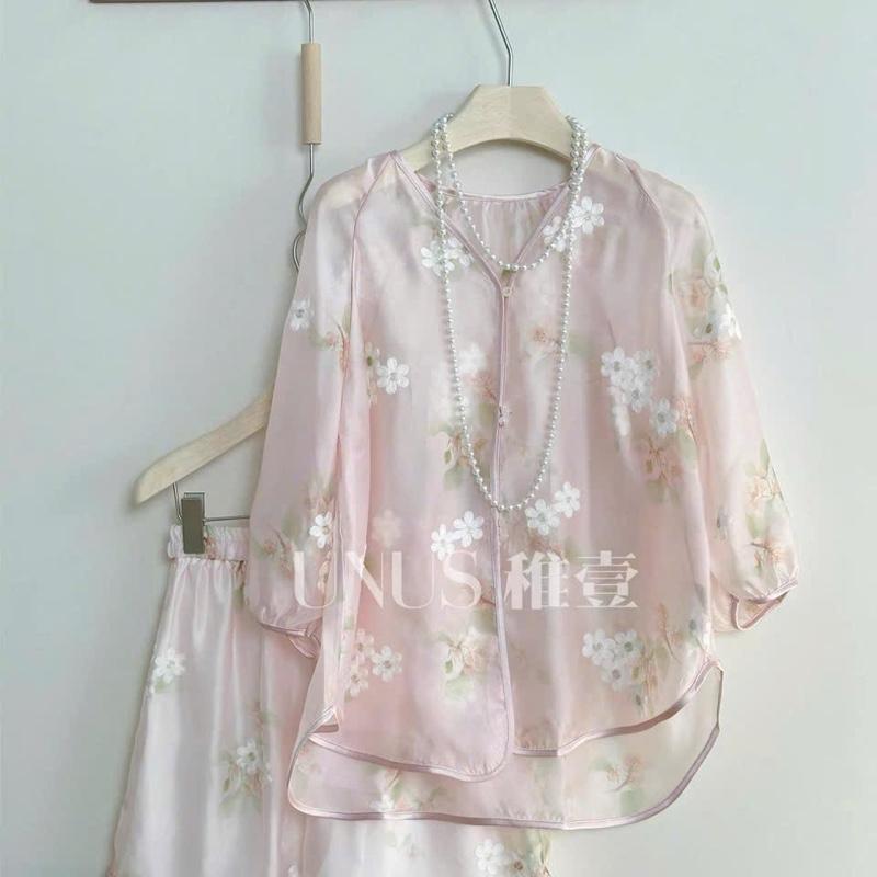 Set voan tơ thêu hoa màu Hồng kiểu cổ trang mềm mại mùa hè cho nữ thanh lịch hàng Quảng châu cao cấp 2025