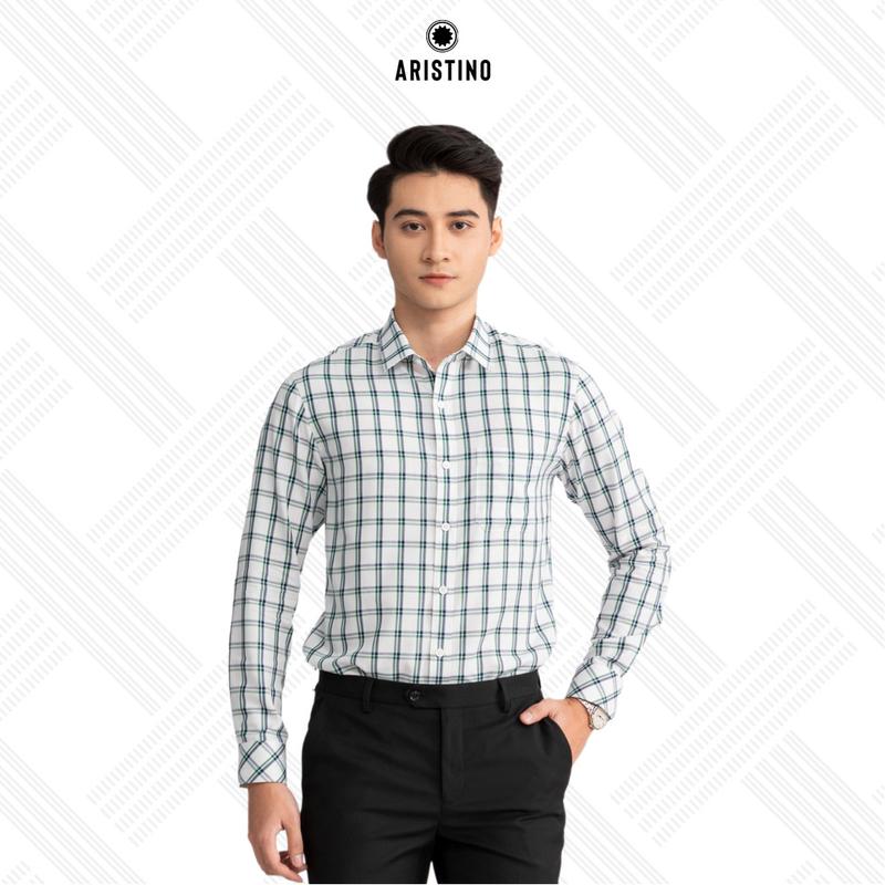 ARISTINO Áo sơ mi caro dài tay nam sợi chuối cao cấp, thiết kế tà lượn, có túi phom dáng regular fit ALS23102