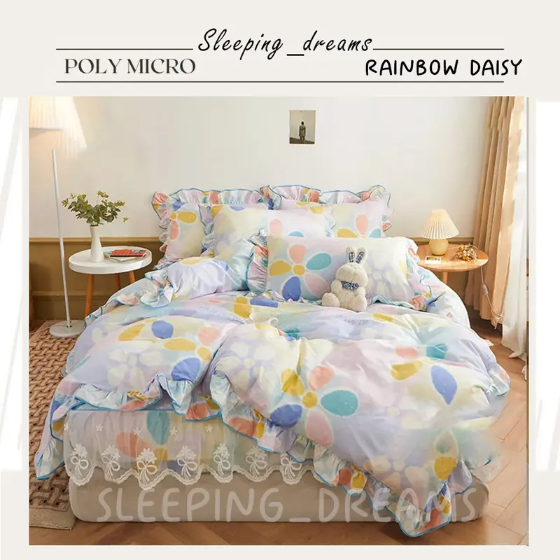 Set Sprei Anti Geser Motif RAINBOW DAISY Grade A 180x200 160x200 120x200 dengan Sarung Bantal dan Sarung Guling 1