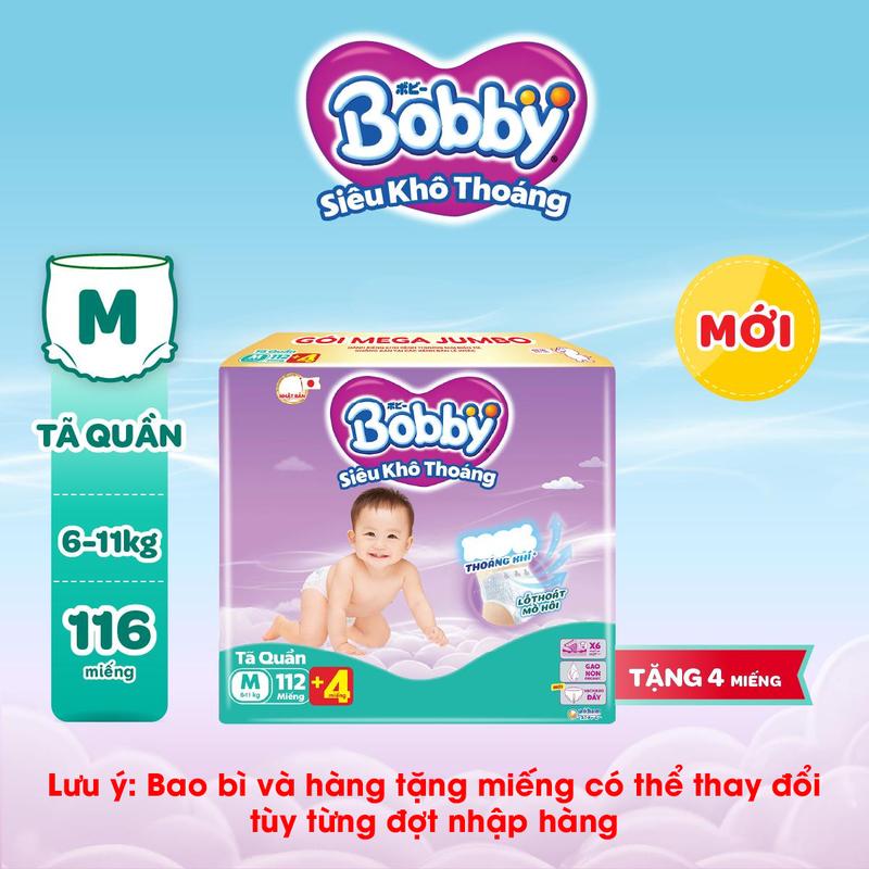 Bobby Tã/bỉm quần Siêu khô thoáng M112/L96/XL84/XXL76 (cộng miếng ngẫu nhiên)