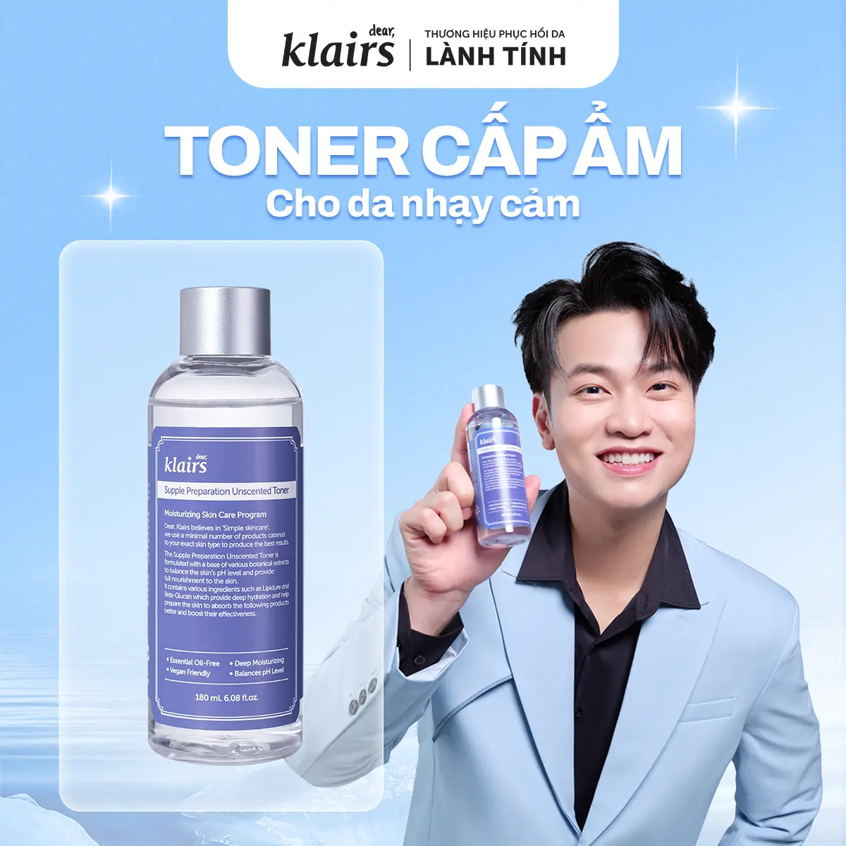 [M] Nước hoa hồng hỗ trợ cấp ẩm Dear, Klairs supple preparation unscented toner 180mL - dòng không mùi