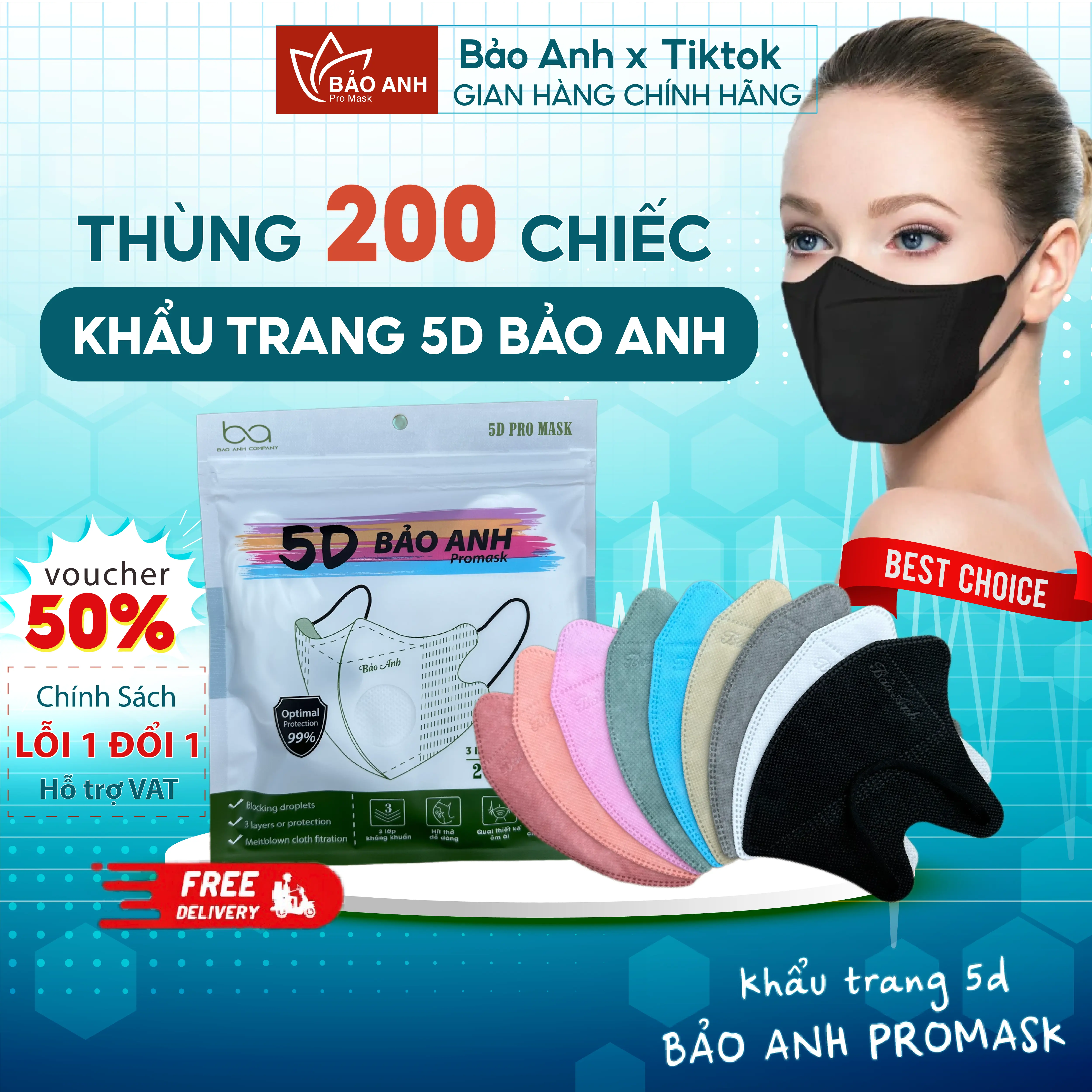 [ Thùng 200 Cái ]  Khẩu trang 5D Bảo Anh Promask 3 lớp kháng khuẩn chống tia UV