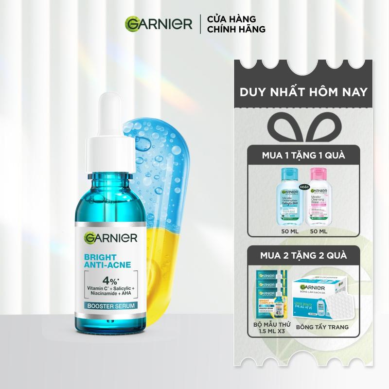 Dưỡng chất cho da dầu mụn Garnier Bright Complete Anti-Acnes Booster Serum Niacinamide BHA AHA Vitamin C 30ml