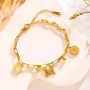 Gelang Huruf Kepala Wanita Hip Hop Aksesori Fashion Emas Gelang Lapis Emas Baja Tahan Karat