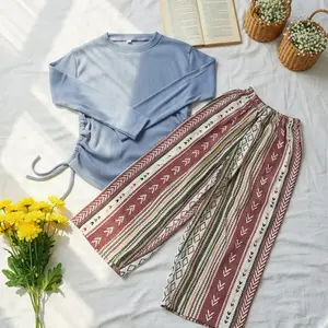 Stelan Vallen top blouse Knit Serut Samping Anak Perempuan Celana Hommy Kulot Rayon Piyama Setelan