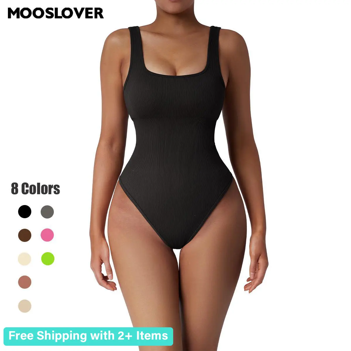 Mooslover Women Ribbed Sexy Bodysuit Sleeveless Square Neck Padd Spandex  Stretchy Trendy Wear Everyday