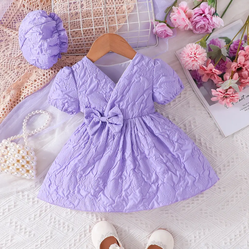 Gaun tulle ungu untuk kanak-kanak berumur 6 bulan hingga 3 tahun, gaya Korea, fesyen, lengan berkubah, comel, warna polos, puteri, gaun rasmi OOTD untuk bayi perempuan yang baru lahir