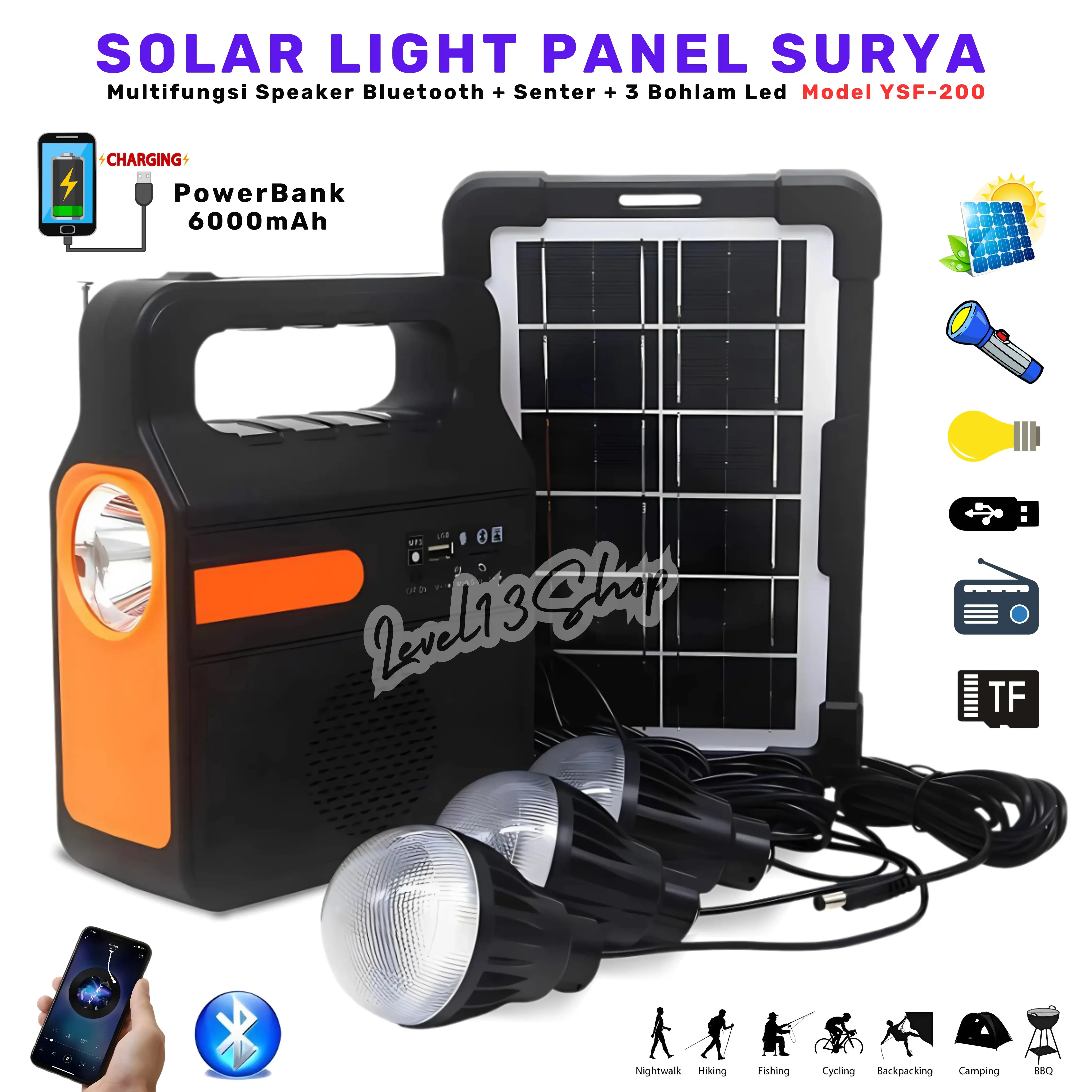 Solar Light Lampu Panel Surya + Speaker Bluetooth Radio Full Bass YSF-200 Gratis 3 Bohlam LED | Solar Lighting System Lampu Emergenchy Tenaga Matahari For Outdoor Camping - PowerBank 6000mAh