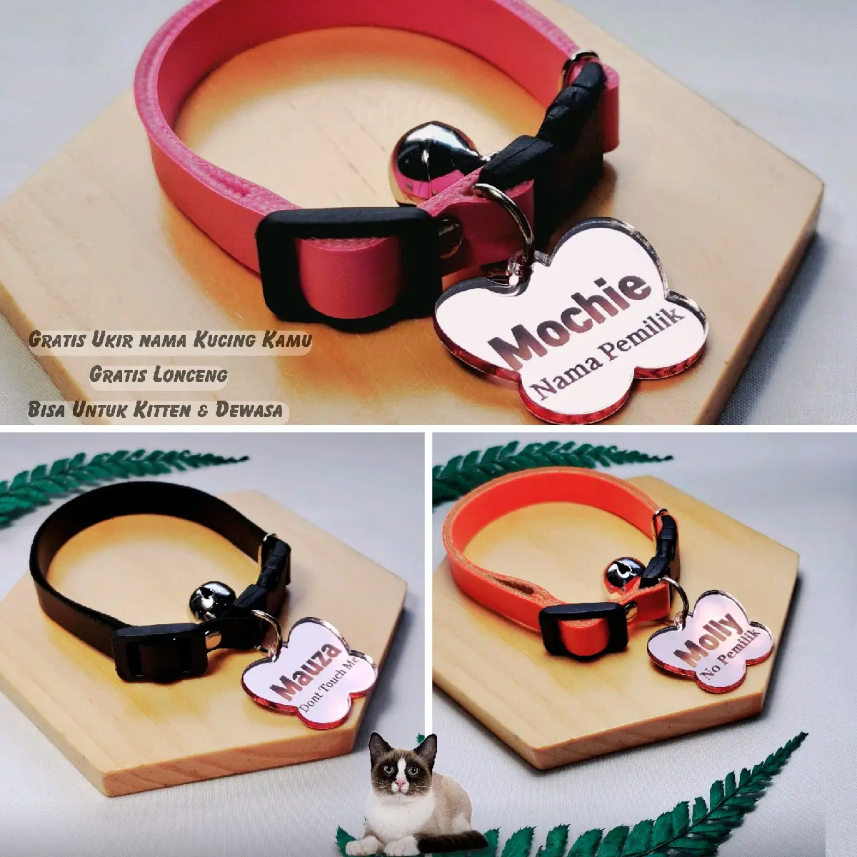 Kalung kucing custom nama free lonceng bahan akrilik rosegold premium