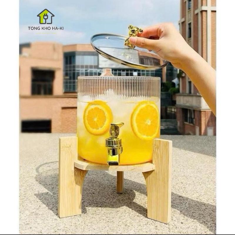Bình Đựng Nước Thuỷ Tinh Có Vòi Và Đế Gỗ - Nắp Gấu Dung Tích 2300ML Tặng kèm đế gỗ