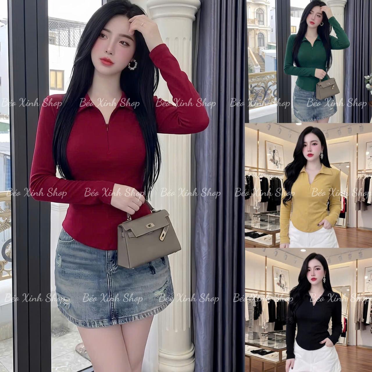 Áo Thun Cổ Polo Tay Dài Phối Dây Kéo Vải Thun RuBy Cao Cấp Thanh Lịch Bigsize 45- 90Kg Dễ Thương Top Nữ Women - A.1413
