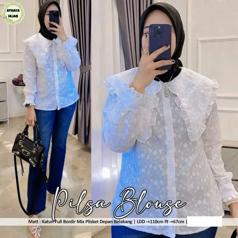 Blouse Putih Bordir Pilsa/Simran/Siska/Faiza/Shelli motif Timbul Formal Nyaman Casual Mewah Panjang