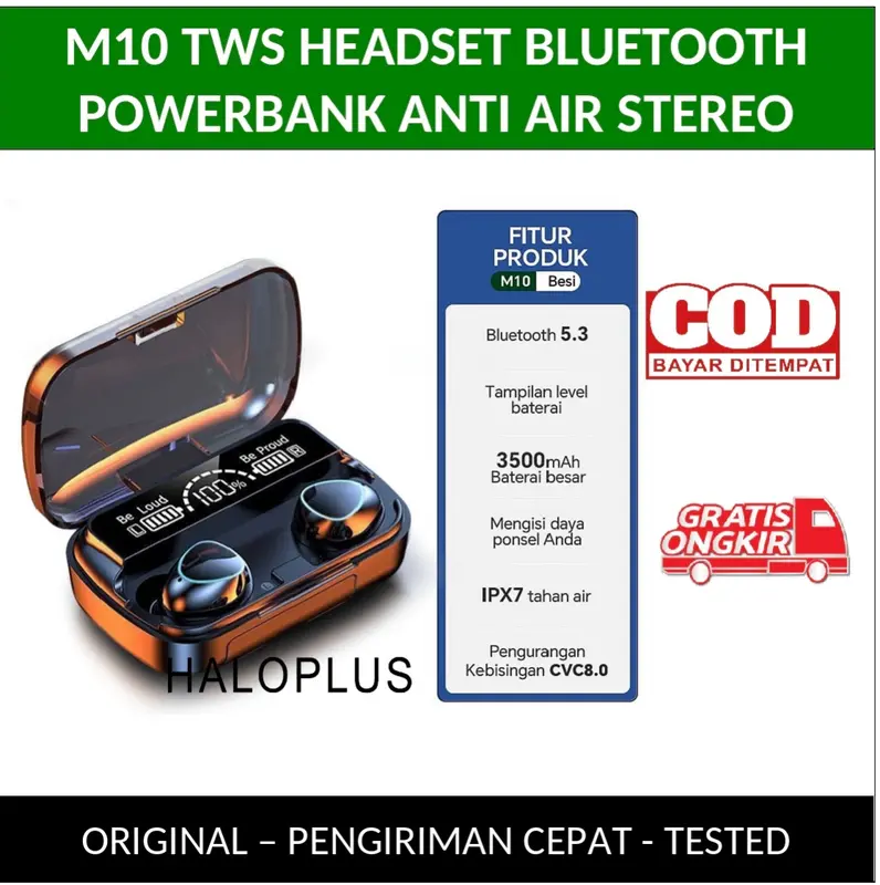 TWS M10 Headset Bluetooth Stereo dengan Mic dan Powerbank 3500 mah Earphone Full Bass LED Display Tahan Air Waterproof IPX7 Headphone Handset Earbud In Ear Wireless Gaming No Delay 0