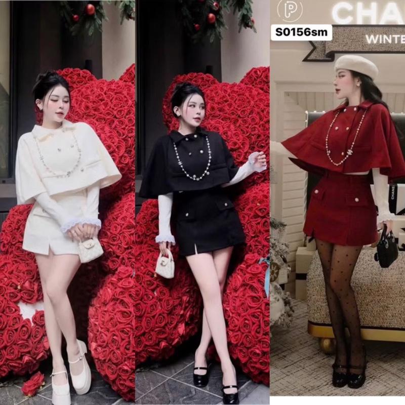 Sẵn Hàng - Tặng Nơ Đá Set Áo Dạ Tuýp 3 Món Cúc Ngọc Choàng Rời Chân Váy A Phối Áo Len Tay Ren Tiểu Thư Sang Chảnh 3 Màu by Hp