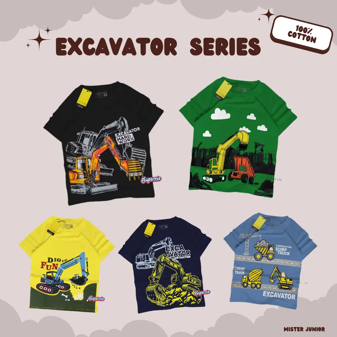 Kaos Anak Laki-laki Motif Excavator untuk usia 1-12 Tahun Motif Kendaraan Excavator Alat Berat Bahan Premium Katun