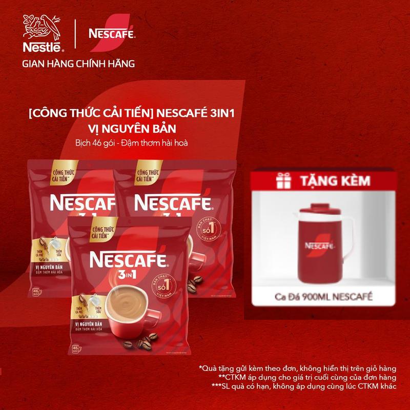 Nestle VN Combo 3 Bịch Cà phê Hòa tan NESCAFÉ VỊ NGUYÊN BẢN 46 gói - Đậm thơm hài hòa - ST
