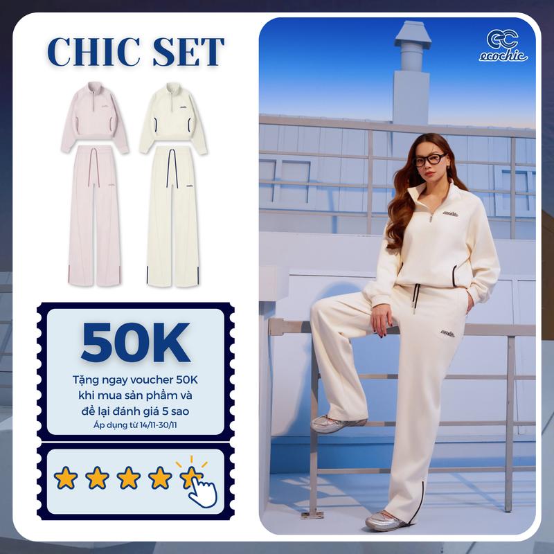  Set Bộ ECOCHIC CREAMY CHIC Áo Cổ Đứng Khoá Zip Nửa Phối Quần Suông Ống Rộng Dây Rút Viền Sọc Chất Liệu Cao Cấp Chính Hãng B198 
