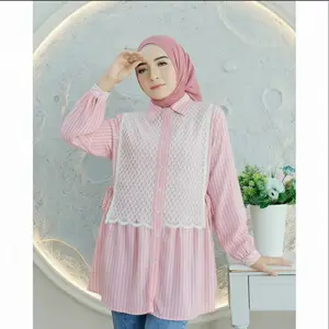 Atasan Arumi Blouse Kombinasi Salur Burkat Baju Wanita Top Motif Biru Katun Lembut Garis Panjang Nyaman
