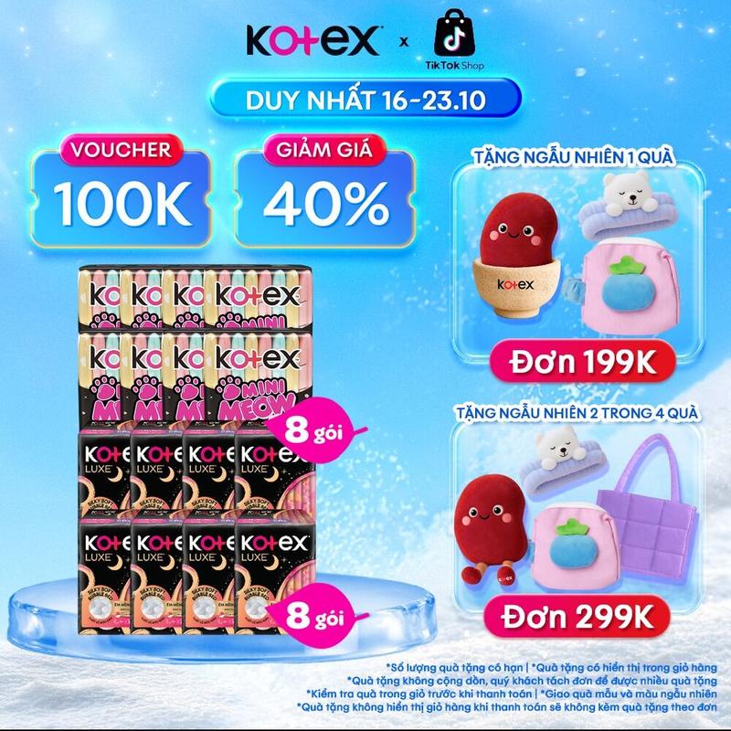 [QUÀ TẶNG HOT] Combo 8 gói băng vệ sinh nữ Kotex LUXE Đêm Cánh 28cm 8 miếng/gói + combo 8 gói BVS Kotex MiniMeow Siêu mềm siêu mỏng cánh 8 miếng, khô thoáng, thấm hút nhanh, chống tràn​, khử mùi, bvs kinh nguyệt nhiều, bvs chính hãng, tampon